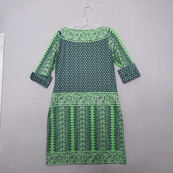 Gretchen Scott Dress Small Green Navy Medallion Tunic Shift Geometric Flip Cuff - Picture 2 of 8